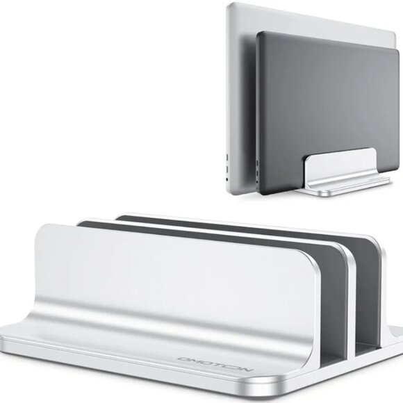 OMOTON ADJUSTABLE DOUBLE VERTICAL LAPTOP STAND- SILVER ALUMINUM DOCK - Picture 1 of 12